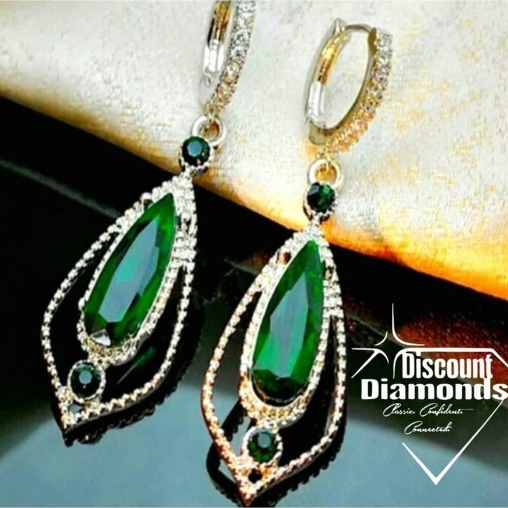 Emerald & White Baguette Diamond Hoop Earrings 925 Silver